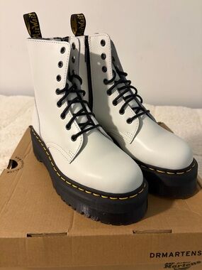 Dr. Martens Jaden White Leather Platform Lace-Up Boots with Black Lug Sole